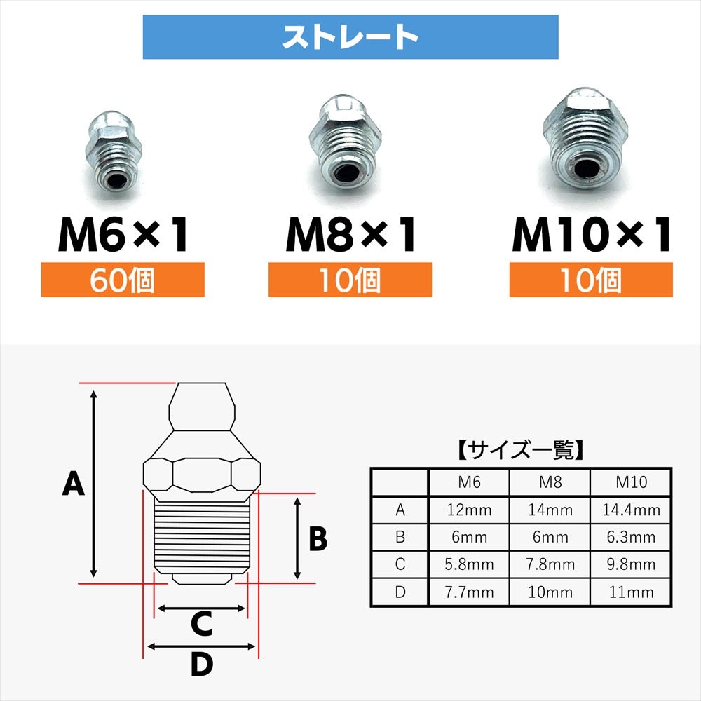 グリスニップル ケース付き M6 M8 M10 車 バイク メンテナンス SN-399-GN 100個